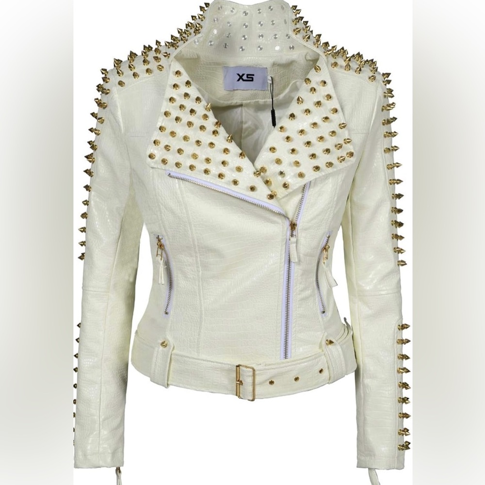 NWT SX Women Faux Leather PU White Jacket Studded Rivet Fashion Jacket Size M - Picture 4 of 12